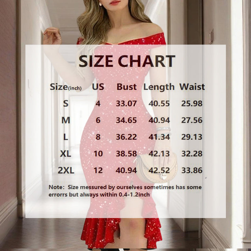 Women Solid Color Shiny Off-The-Shoulder Ruffled High Slit Bodycon