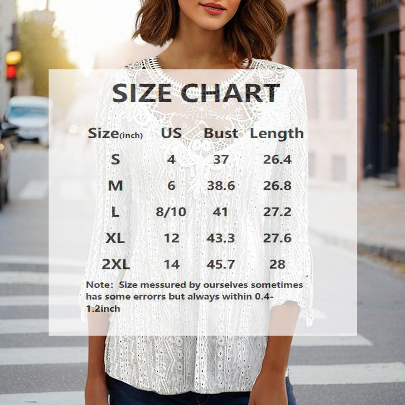 Women Round Neck Lace Trim Translucent Shirt Sexy Half Sleeve Hollow
