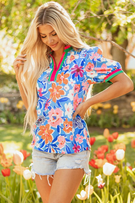 Paloma Floral Puff Sleeve Split Neck Blouse