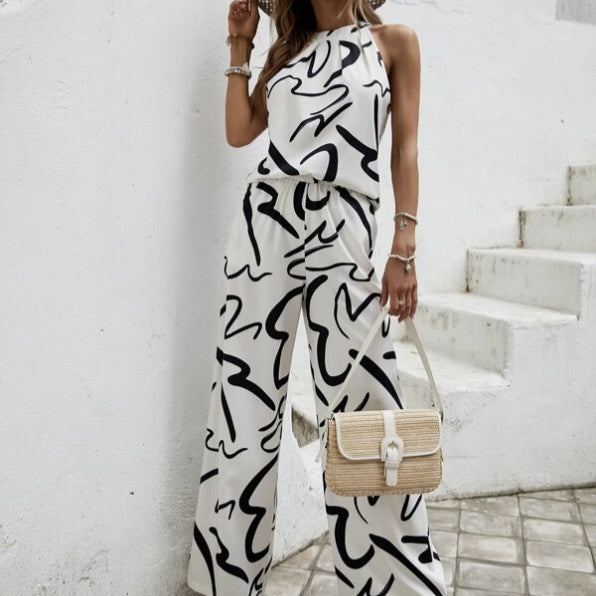 Women New Printed Sleeveless Fashion Casual Pants Set