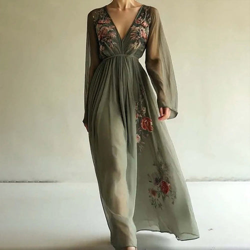 Women Elegant V-Neck Green Floral Print A-Line Maxi Semi-Sheer Long