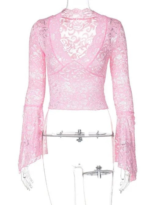 V Neck Floral Lace Tops Bell Long Sleeve