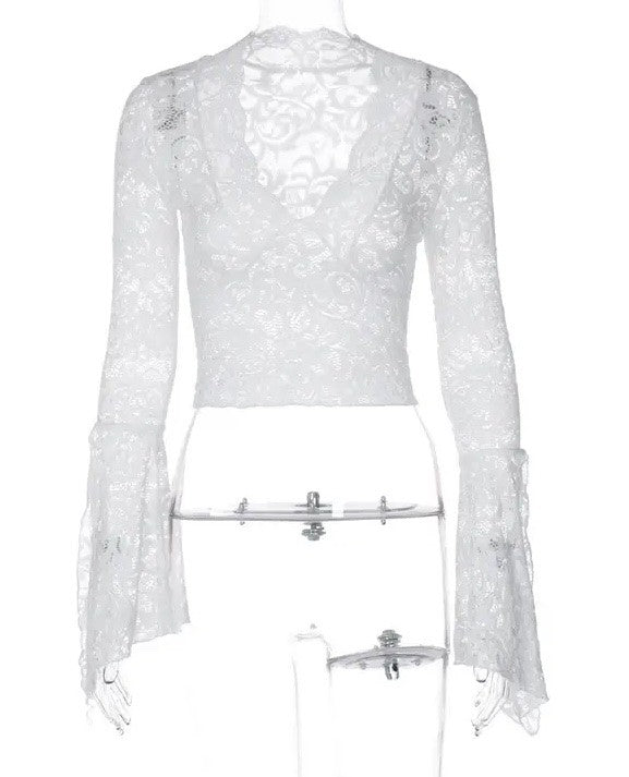 V Neck Floral Lace Tops Bell Long Sleeve
