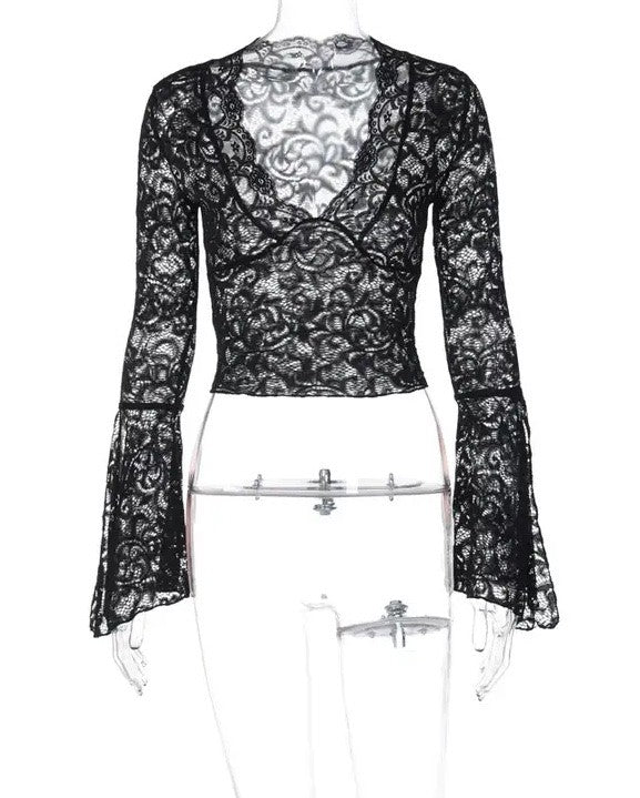 V Neck Floral Lace Tops Bell Long Sleeve