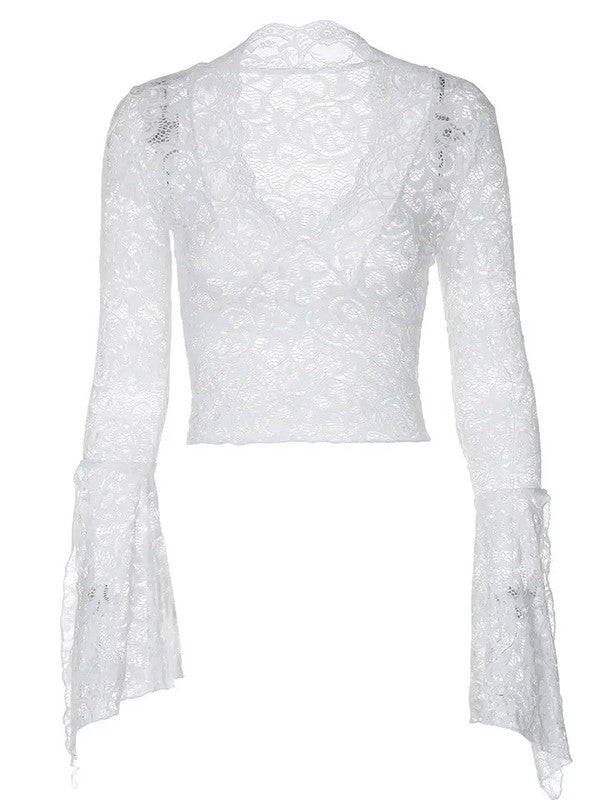 V Neck Floral Lace Tops Bell Long Sleeve