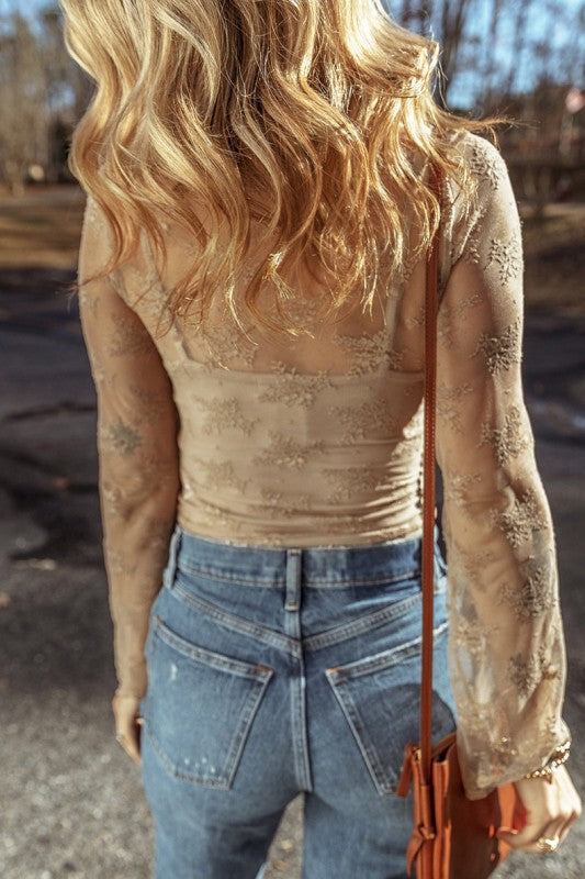 Lace Mesh Crochet Splicing Slim Long Sleeve Blouse