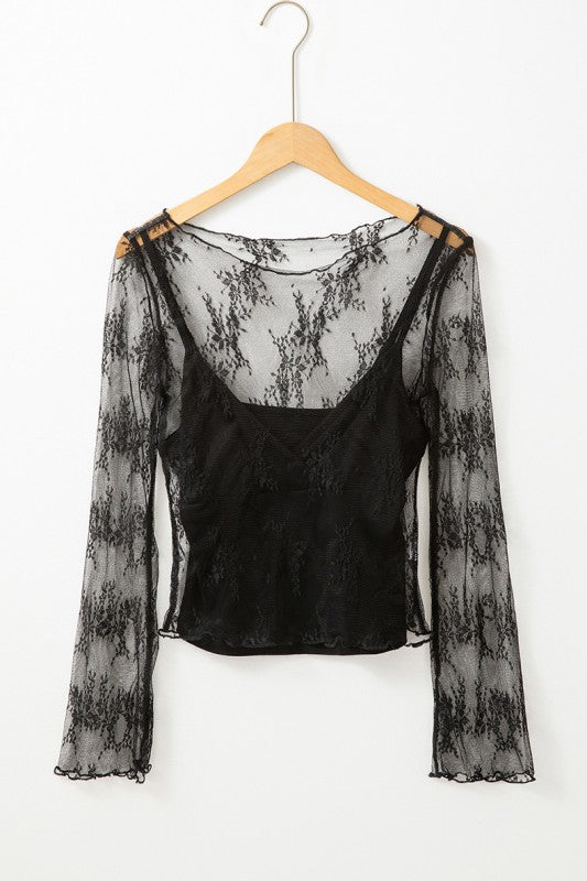 Lace Mesh Crochet Splicing Slim Long Sleeve Blouse