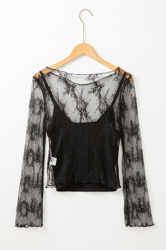 Lace Mesh Crochet Splicing Slim Long Sleeve Blouse