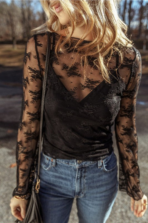 Lace Mesh Crochet Splicing Slim Long Sleeve Blouse