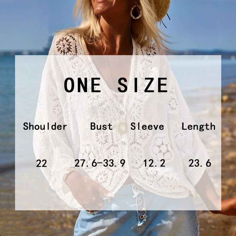 Women Fashion V-Neck Button Lace Semi-Sheer Geometric Pattern