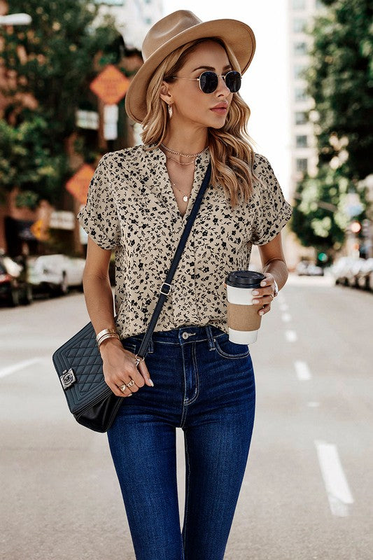 V Neck Floral Print Batwing Sleeve Blouse