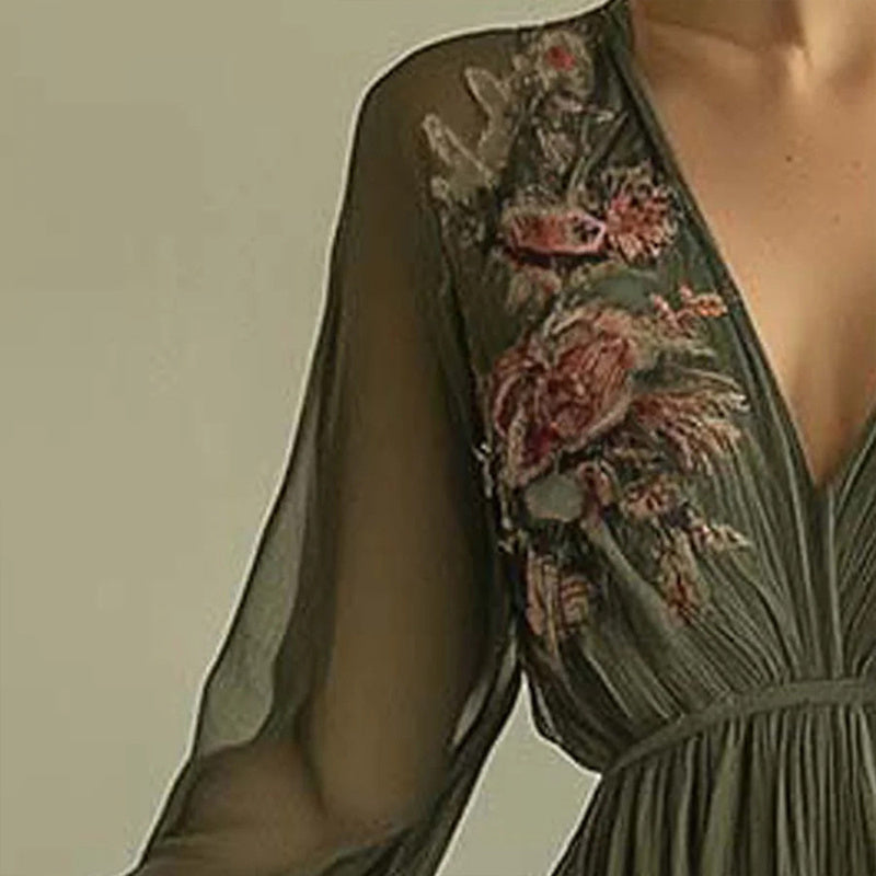 Women Elegant V-Neck Green Floral Print A-Line Maxi Semi-Sheer Long