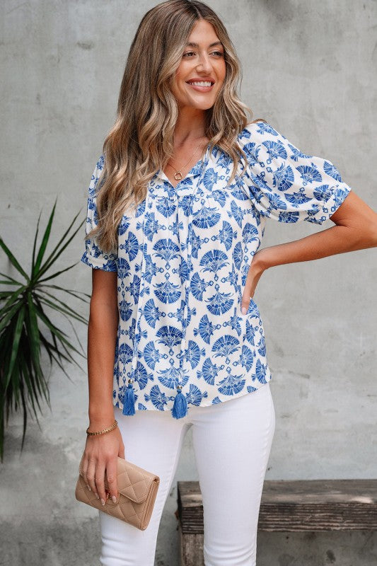 Grace Geometric Tassel Drawstring V Neck Blouse
