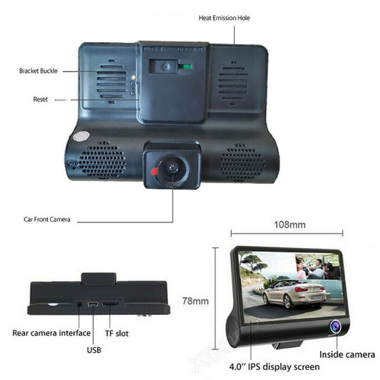 1080P 4" Dual Lens HD Car DVR Rearview Video Dash Cam Recorder Camera