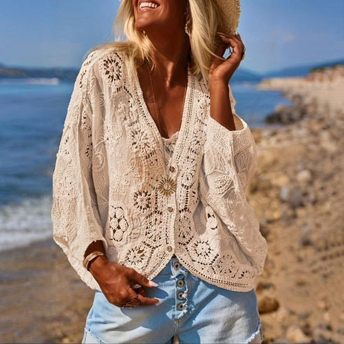 Women Fashion V-Neck Button Lace Semi-Sheer Geometric Pattern