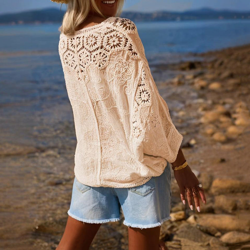 Women Fashion V-Neck Button Lace Semi-Sheer Geometric Pattern