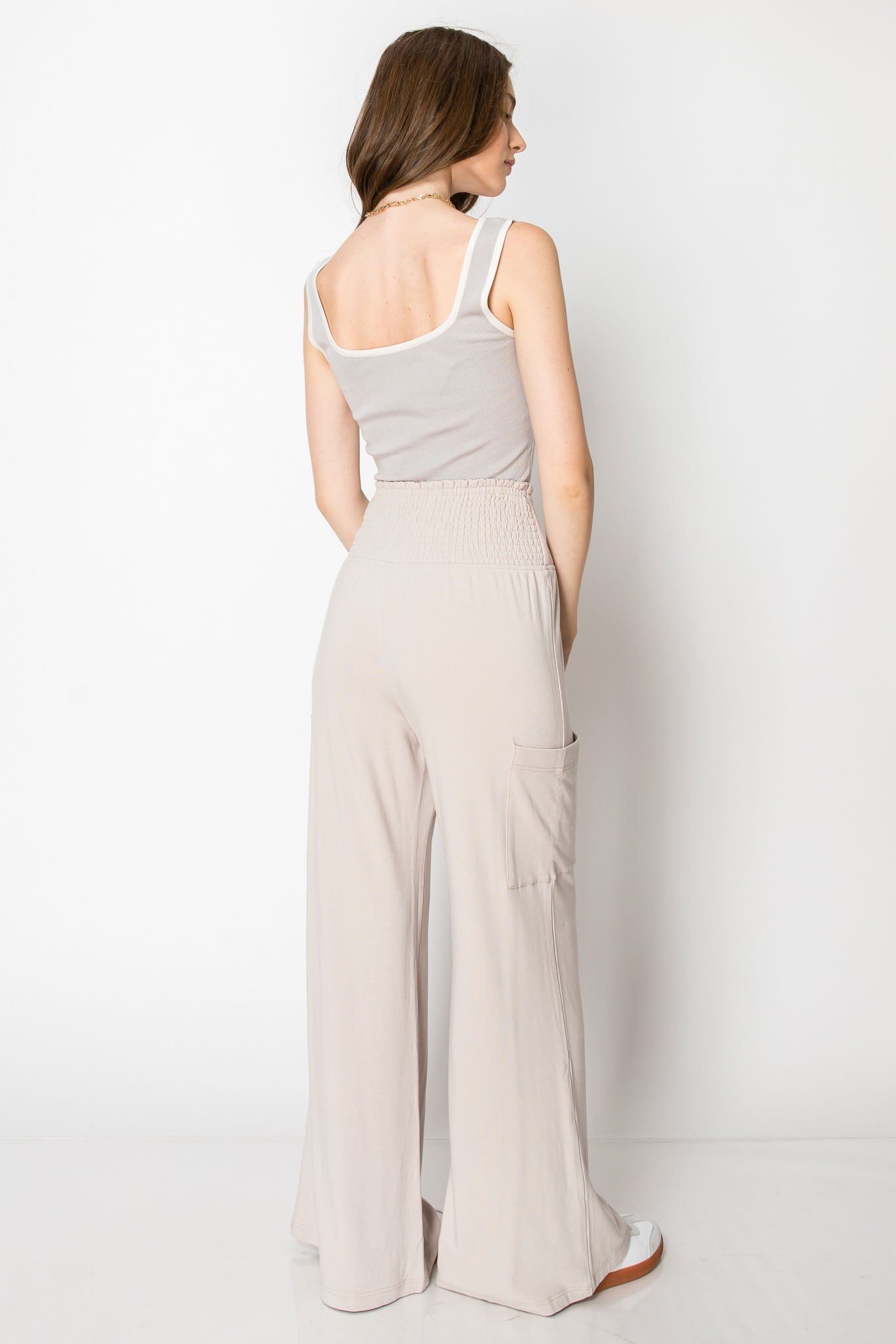 WIDE BANDED JERSEY KNIT FLARE PANTS WITH POCKETS