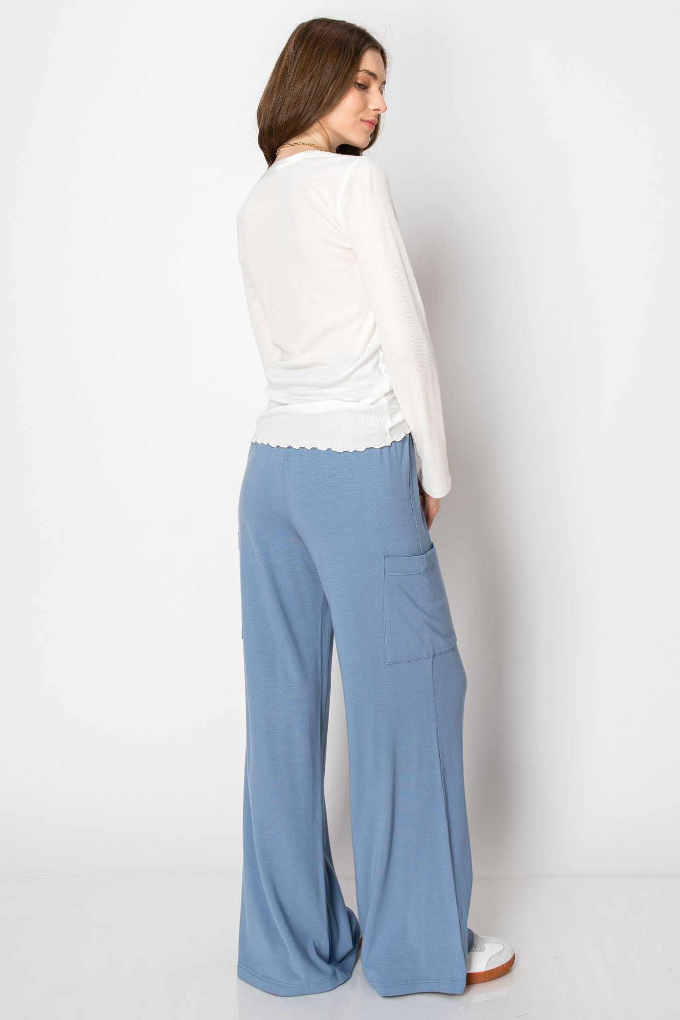 WIDE BANDED JERSEY KNIT FLARE PANTS WITH POCKETS