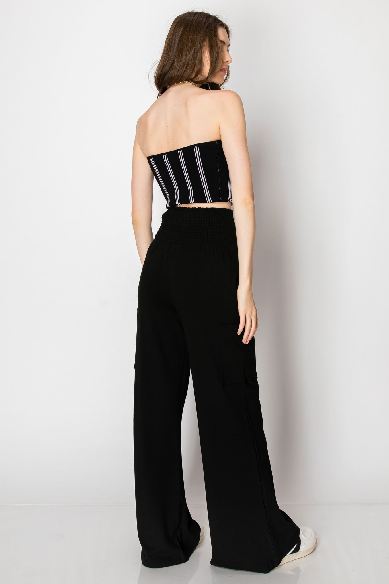 WIDE BANDED JERSEY KNIT FLARE PANTS WITH POCKETS
