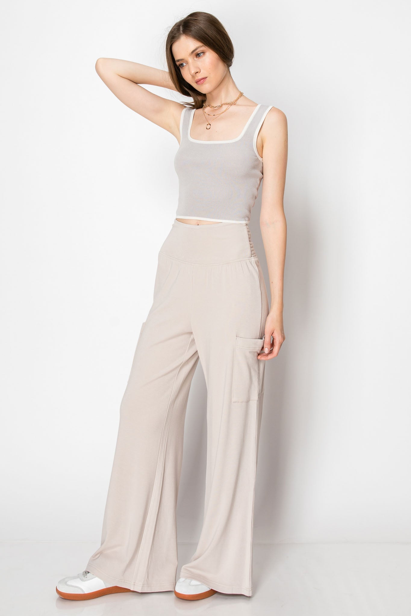 WIDE BANDED JERSEY KNIT FLARE PANTS WITH POCKETS