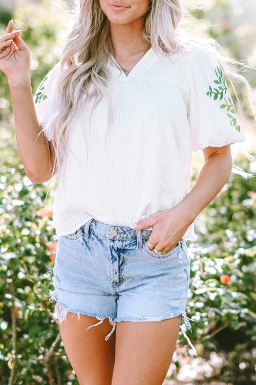 Priscilla Embroidered Puff Sleeve Notched Neck Blo
