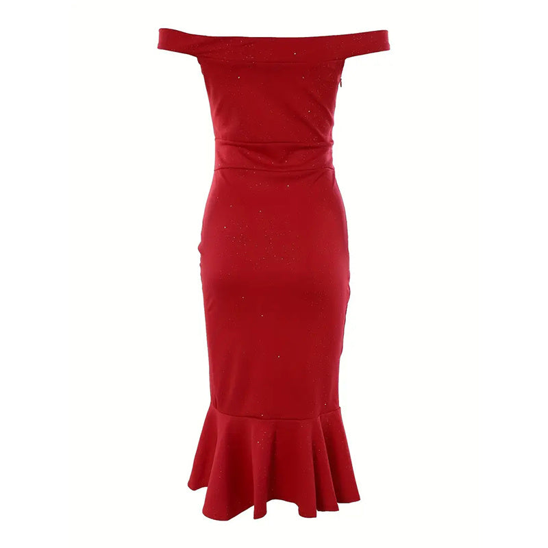 Women Solid Color Shiny Off-The-Shoulder Ruffled High Slit Bodycon