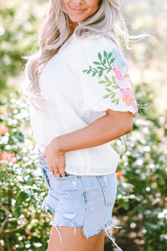 Priscilla Embroidered Puff Sleeve Notched Neck Blo