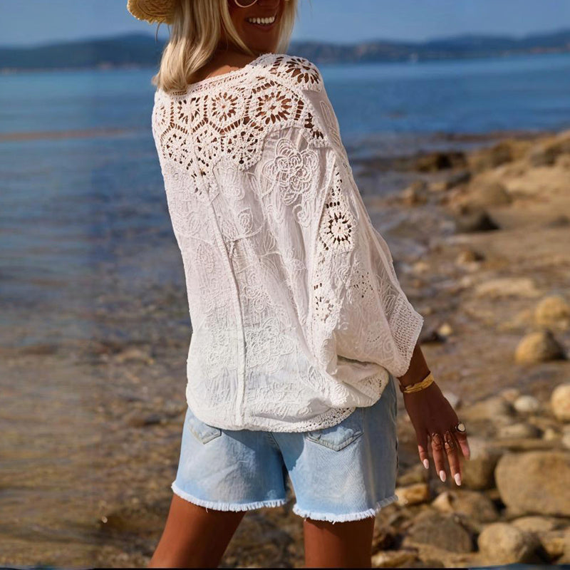 Women Fashion V-Neck Button Lace Semi-Sheer Geometric Pattern