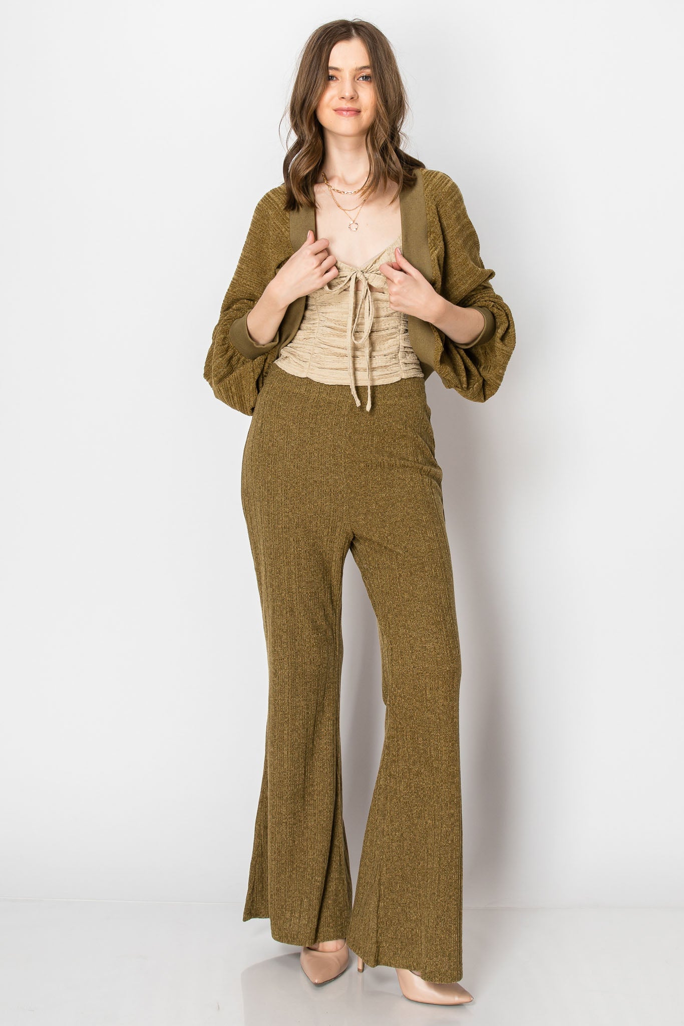 HEAVY RIBBED BOLERO SHRUG LONG SLEEVE CARDIGAN WIDE LEG PANTS SET