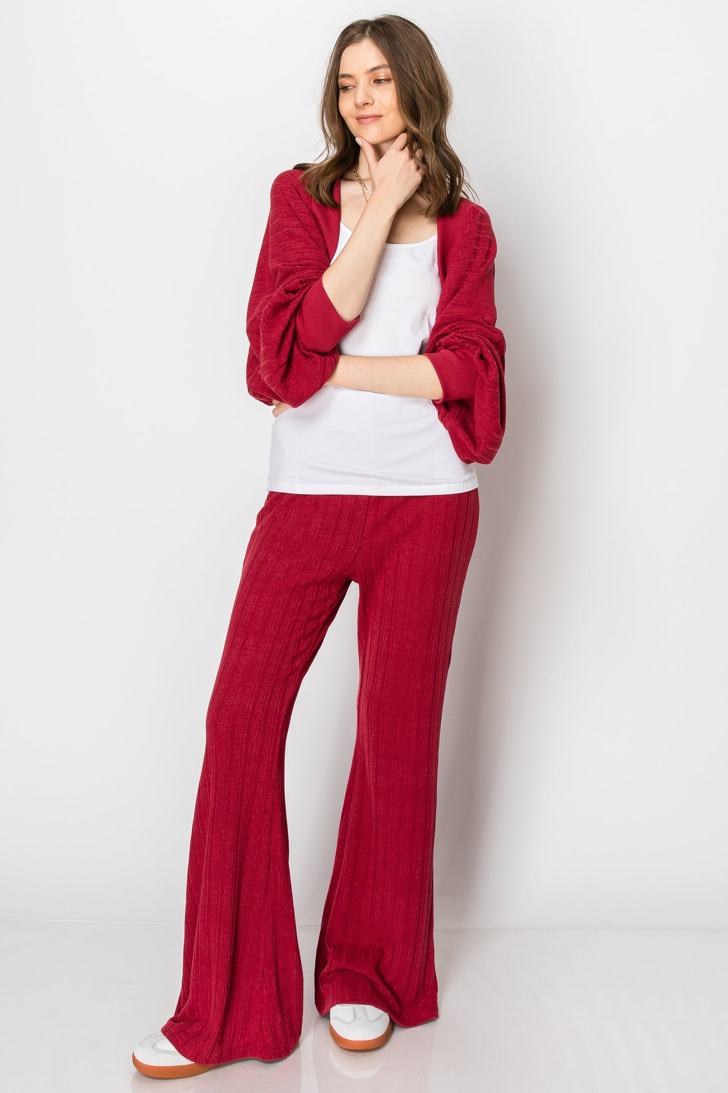 HEAVY RIBBED BOLERO SHRUG LONG SLEEVE CARDIGAN WIDE LEG PANTS SET