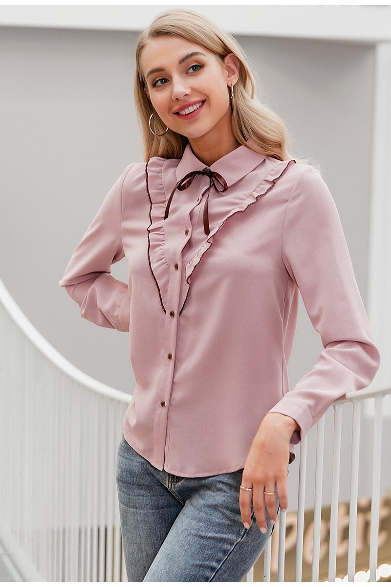 Sexy Pink Long Sleeve Neck Tie Elegant Office OL