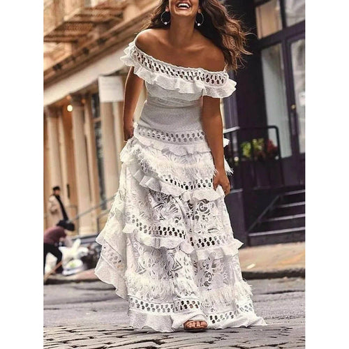 One-Shoulder Ruffled Hollow Swing Lace Patchwork Long Dress in Black