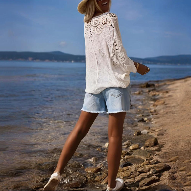 Women Fashion V-Neck Button Lace Semi-Sheer Geometric Pattern