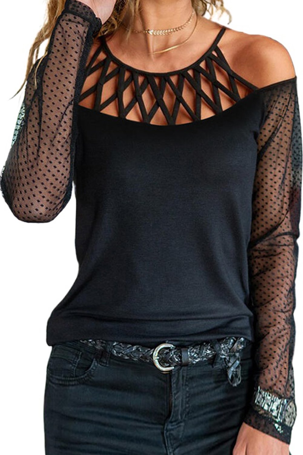 Polka Dot Cold Shoulder Long Sleeves Top