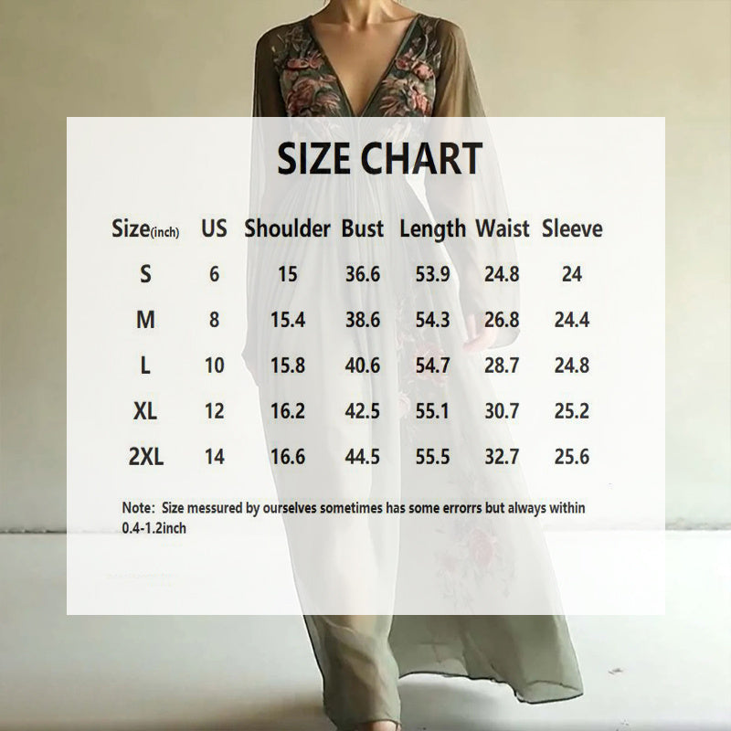 Women Elegant V-Neck Green Floral Print A-Line Maxi Semi-Sheer Long