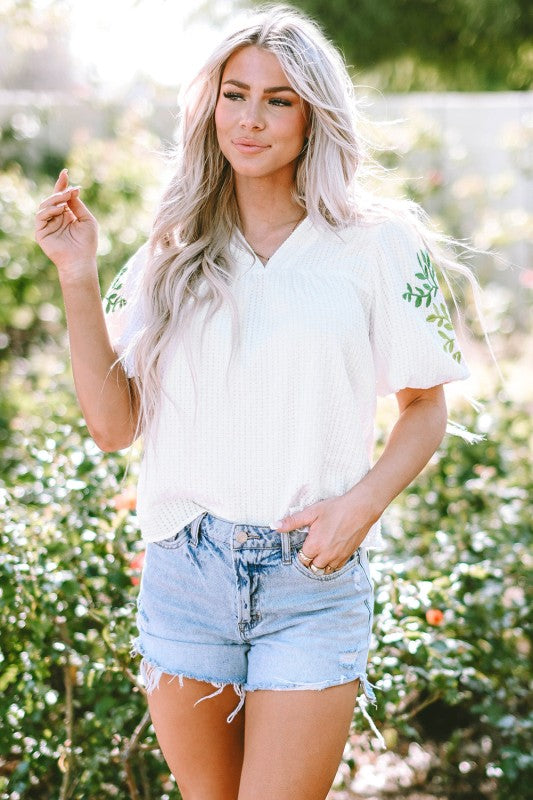 Priscilla Embroidered Puff Sleeve Notched Neck Blo