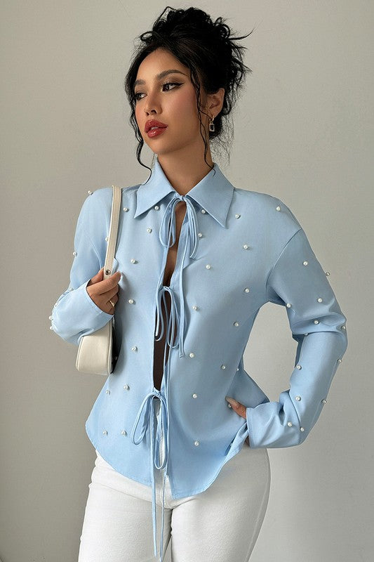 Solid Tie Front Pearl Embellished Fit Blouse