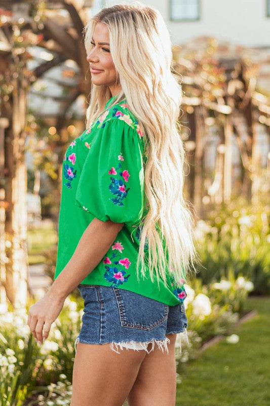 Ayah Floral Tie Split Neck Short Sleeve Blouse
