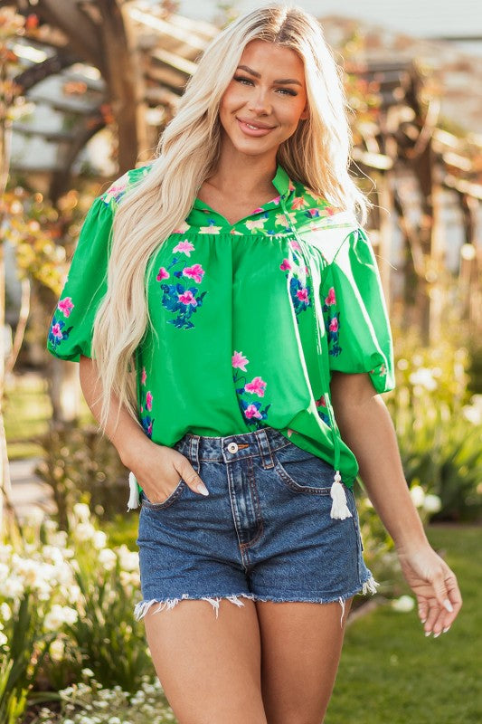 Ayah Floral Tie Split Neck Short Sleeve Blouse