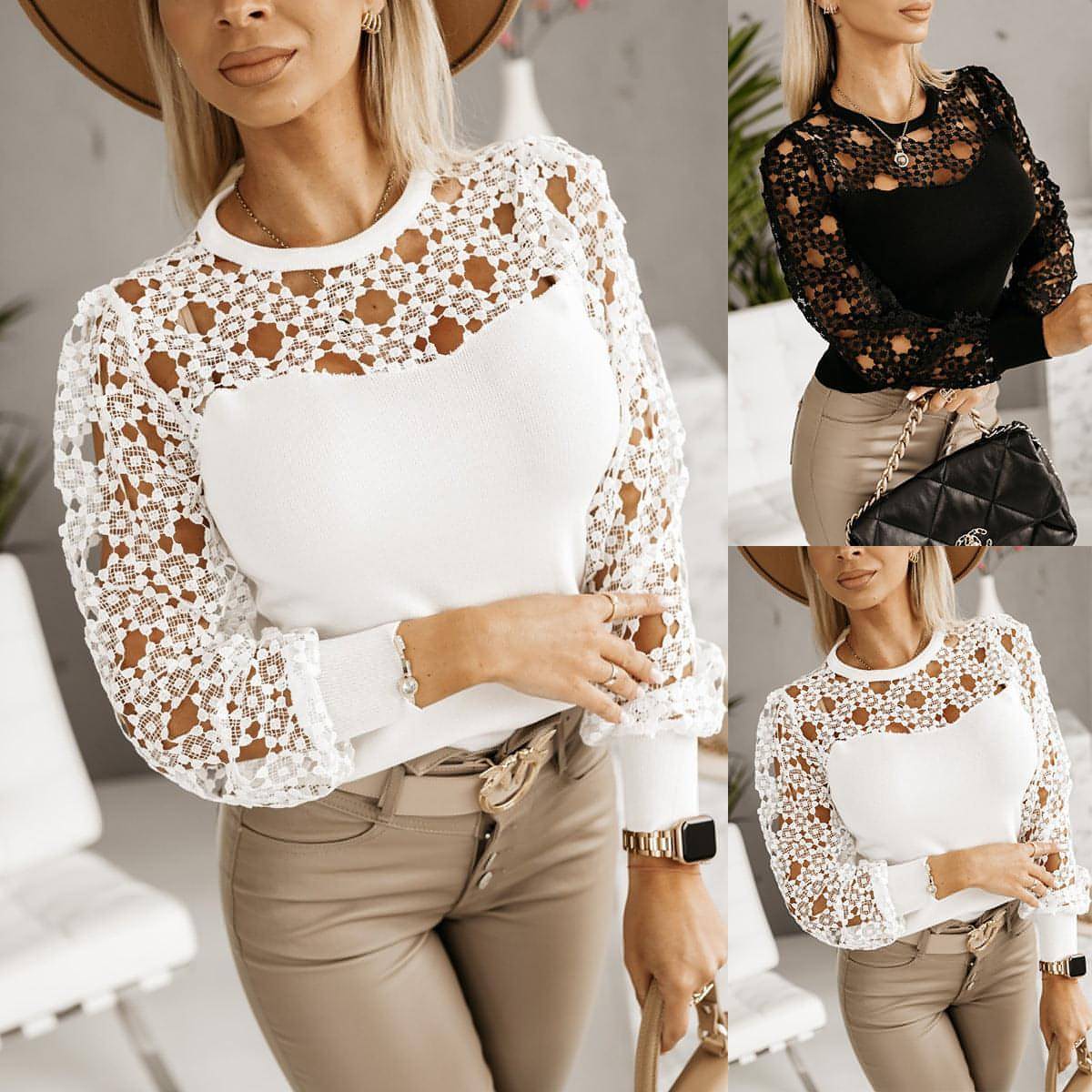 Hollow Out Elegance – Lace Patchwork Long Sleeve T-Shirt | 25 Edition