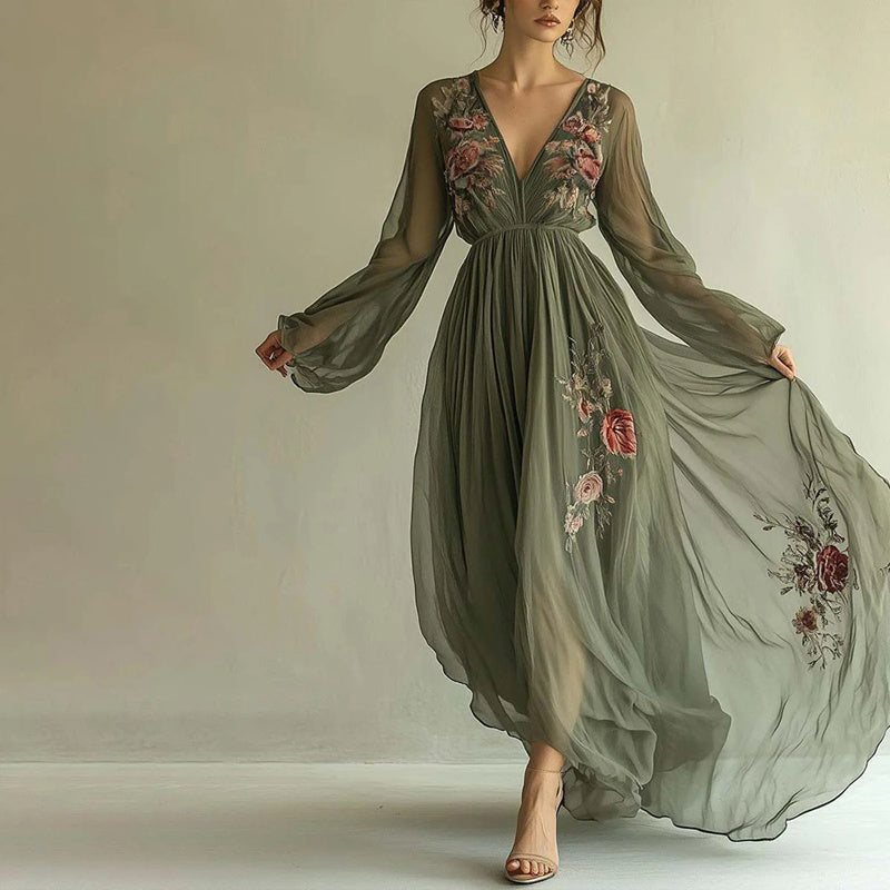 Women Elegant V-Neck Green Floral Print A-Line Maxi Semi-Sheer Long