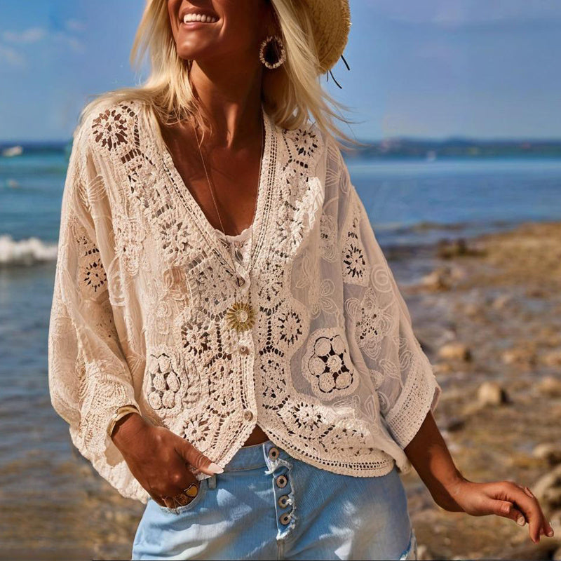 Women Fashion V-Neck Button Lace Semi-Sheer Geometric Pattern