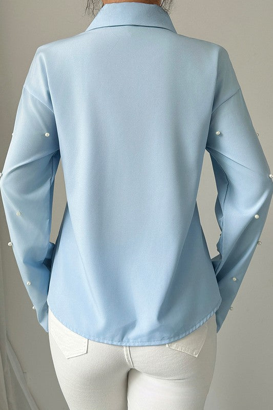 Solid Tie Front Pearl Embellished Fit Blouse