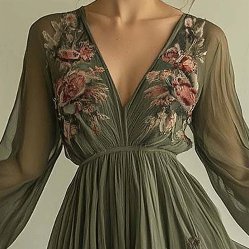 Women Elegant V-Neck Green Floral Print A-Line Maxi Semi-Sheer Long
