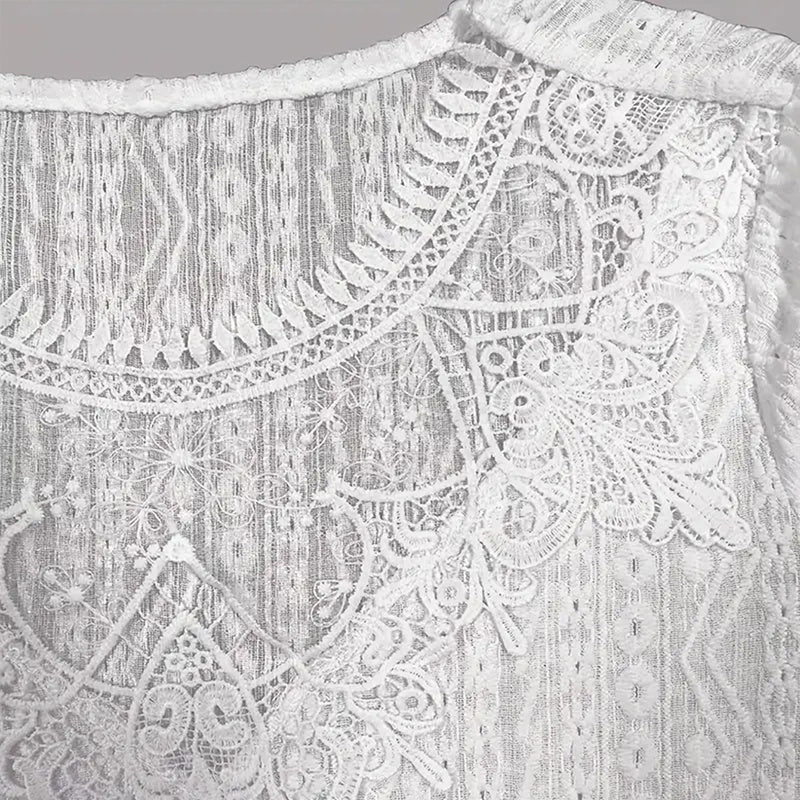 Women Round Neck Lace Trim Translucent Shirt Sexy Half Sleeve Hollow