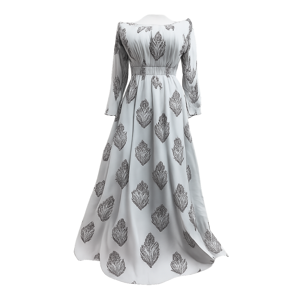 Women's Elegant Long Sleeve Maxi Dress – Leaf Pattern, Fitted Waist,