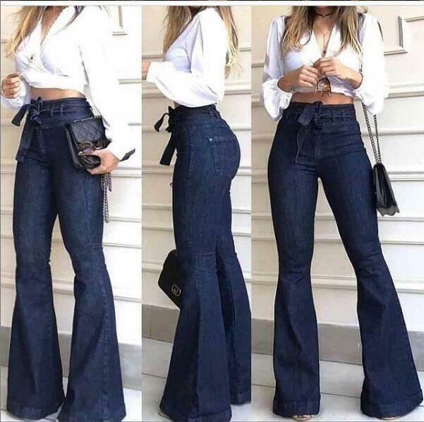 Womens Stretchy Solid Color Denim Trousers High Waist Pockets Bell