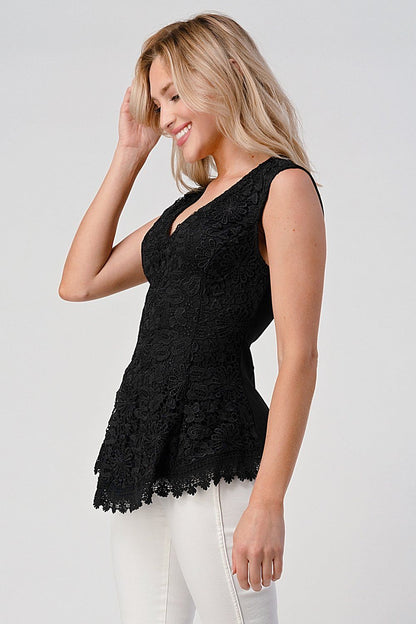 Sleeveless V-Neck Lace Peplum Top