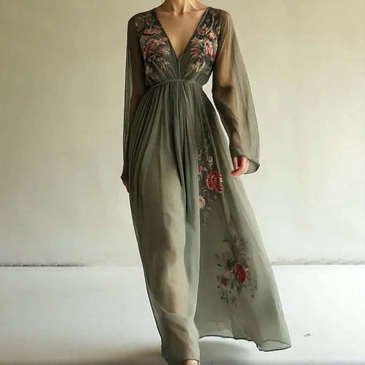 Women Elegant V-Neck Green Floral Print A-Line Maxi Semi-Sheer Long