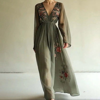 Women Elegant V-Neck Green Floral Print A-Line Maxi Semi-Sheer Long